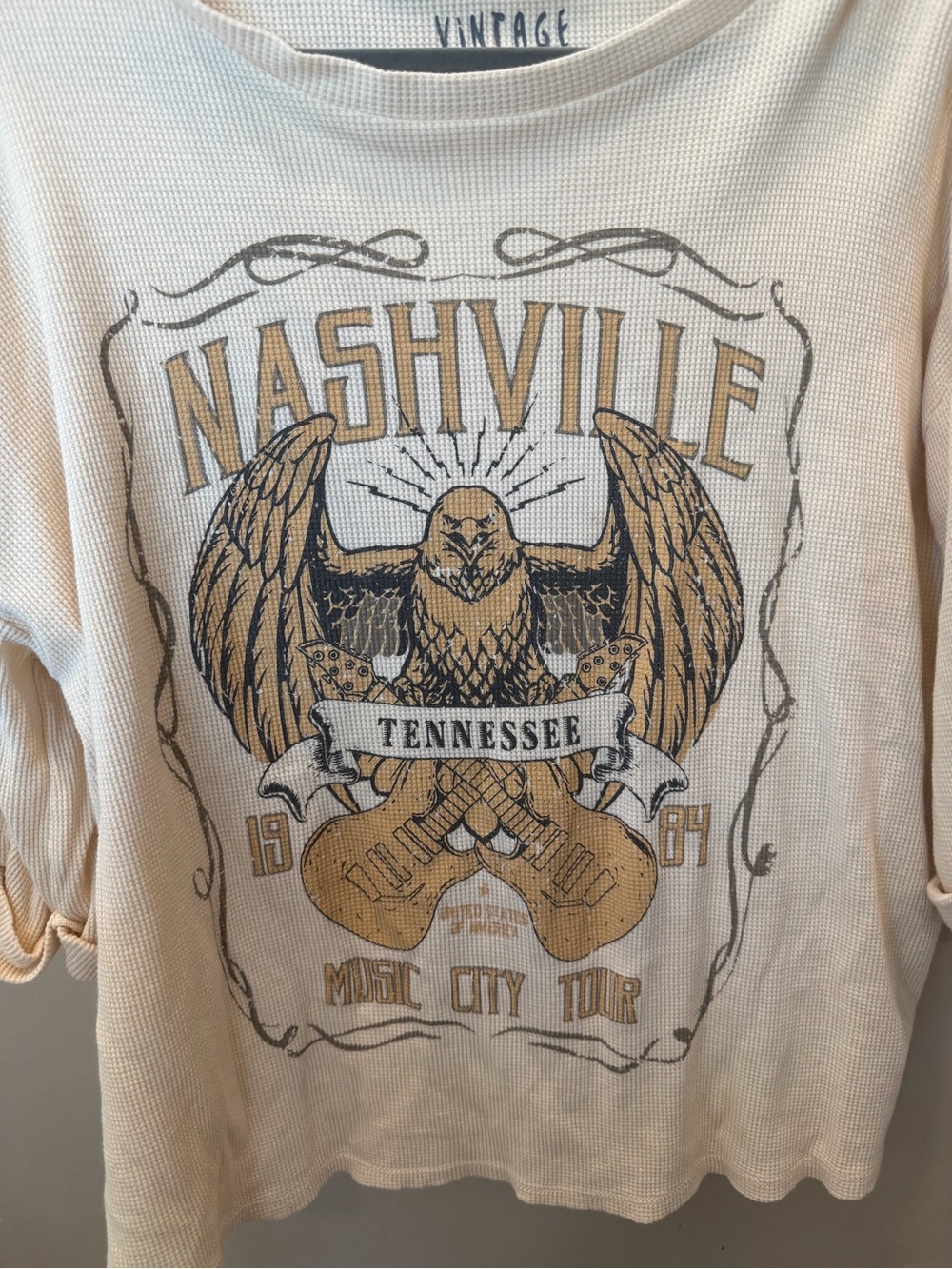 Vintage Canvas Cream Waffle Knit Tee with Black Print